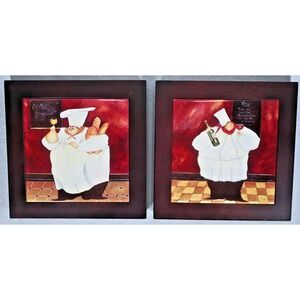 Set of (2) Jennifer Garant Collectible Fat Chef Tile Trivets Wood Frame